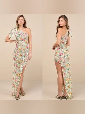 ELLIATT Starla Hilo Beige Multi Sequin One-Shoulder Maxi Dress XS Wedding Party